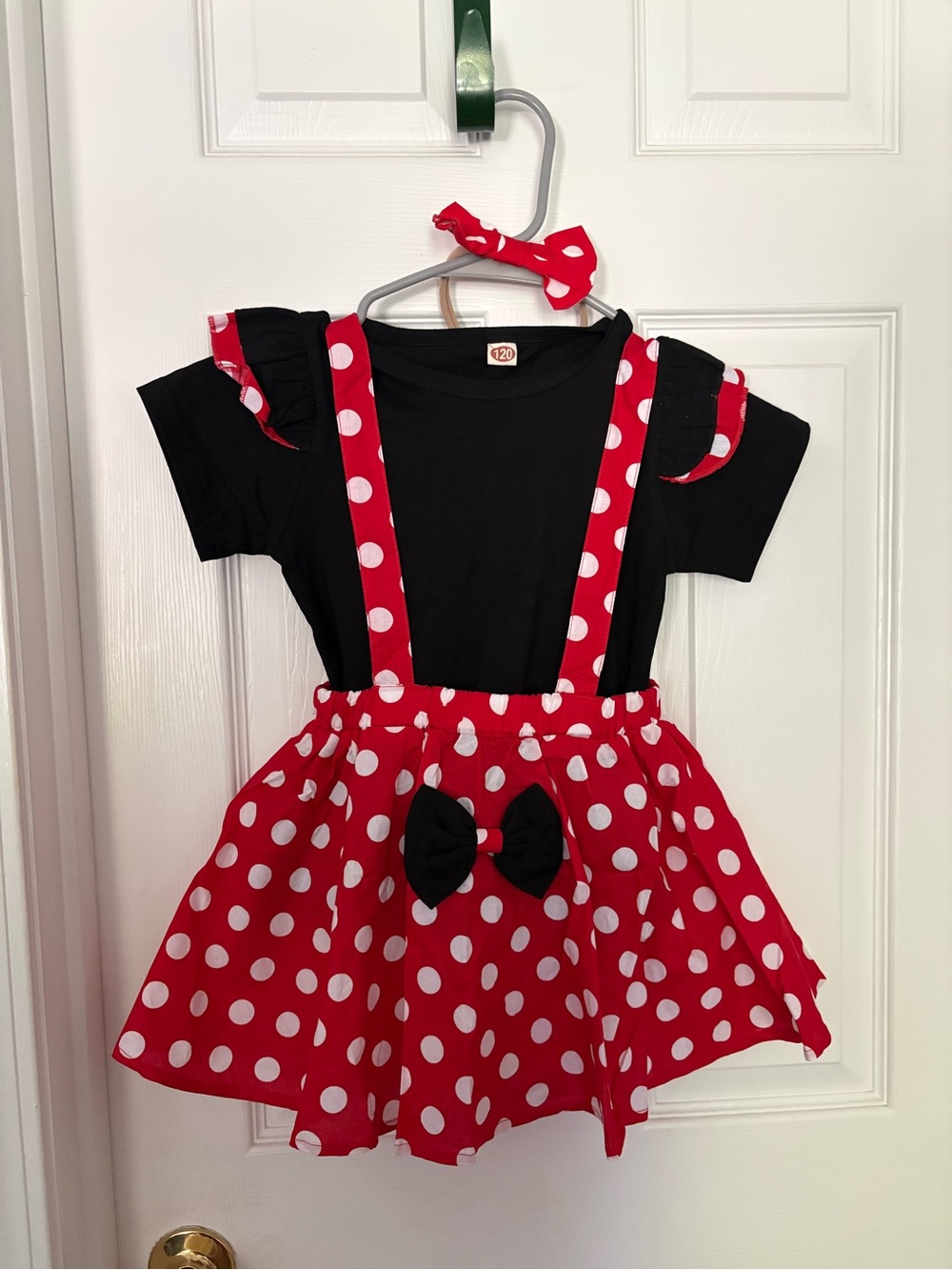 Red Polka Dot Skirt Suspender Dress with Black Top and headband  NWOT